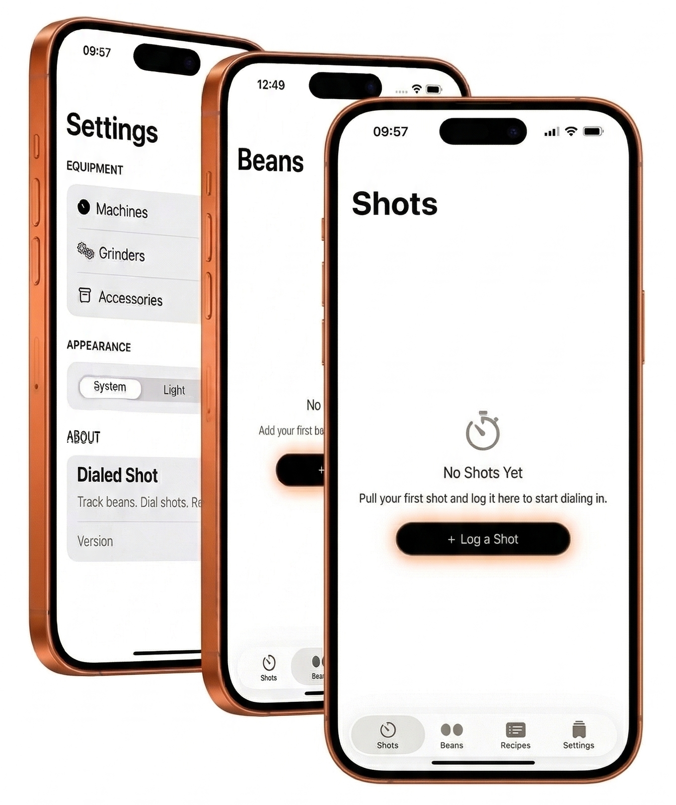 Dialed Shots on iPhone: the Shots, Beans and Settings screens